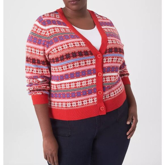 Lane Bryant Womens Plus 18/20 Cardigan Sweater Red Fair Isle Cotton Blend Knit - Picture 2 of 11